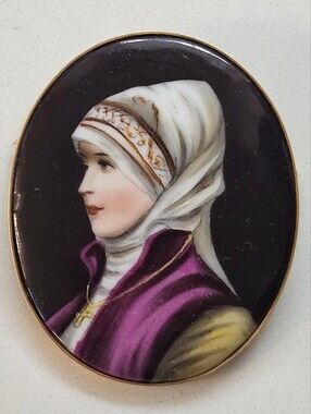 Antique French 14k Yellow Gold Miniature Hand-Painted Portrait Brooch